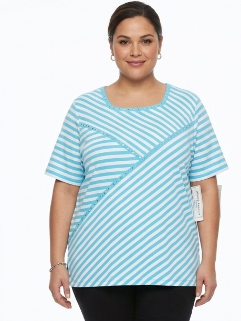 NWT Alfred Dunner Blue & White Striped Embellished Top